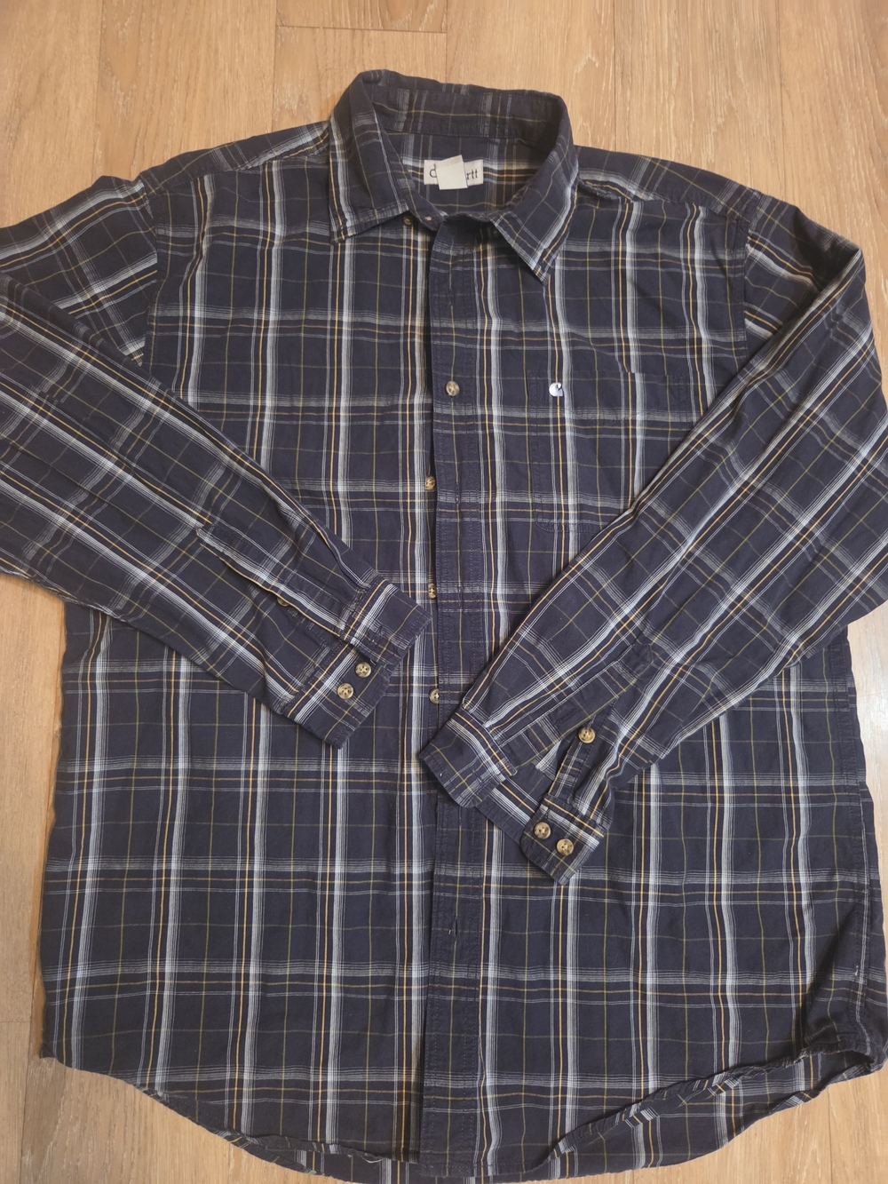 Carhartt Navy and Tan Plaid Button-Down Long Sleeve Shirt Sz 2XL